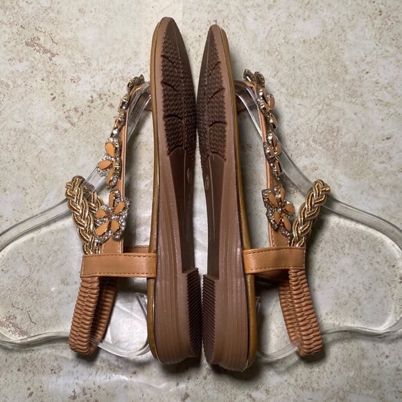 Womens Tan Beaded Floral Sandals Braided Strap Rhinestones Boho Fairy Cottage - Picture 8 of 9